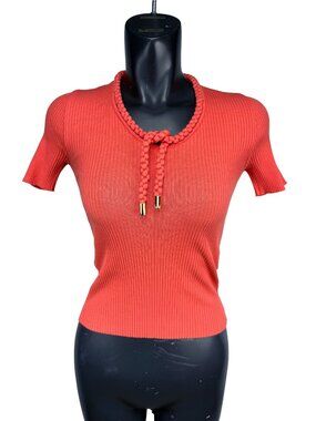 PAULE KA Designer Coral Ribbed Knit Short Sleeve Braided Tie Neckline Top M